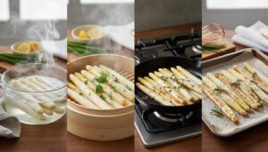 découvrez comment cuire parfaitement les asperges blanches à l'eau, à la vapeur, à la poêle ou au four pour révéler toutes leurs saveurs délicates.
