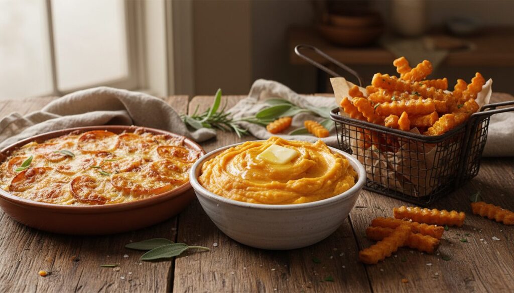 Explorez des recettes délicieuses et variées à base de patate douce : purée onctueuse, gratin doré au four, frites croustillantes et bien d’autres idées gourmandes !
